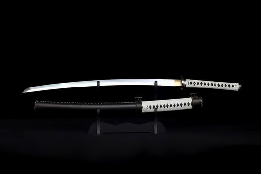 Michonne's katana replica from "The Walking Dead," showing the 1095 steel blade and leather-wrapped saya.