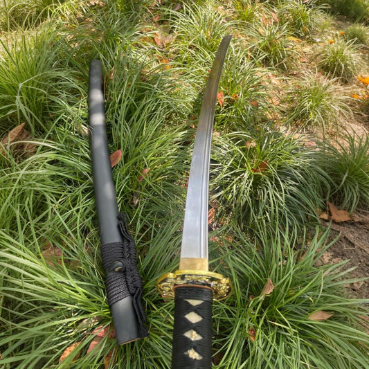 The Silent Vein Katana with its 1095 through-hardened steel blade and matte black saya, displayed outdoors.