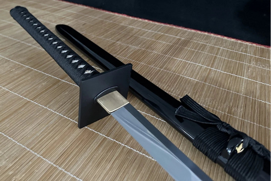 The Obsidian Gale Ninja Sword, showing its 9260 spring steel blade, square iron tsuba, and gloss-black saya.