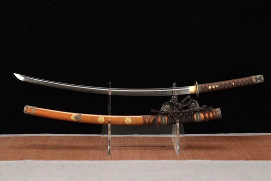 The Shogun's Golden Tachi, fully sheathed to showcase its gold and dark brown speckled lacquer finish.
