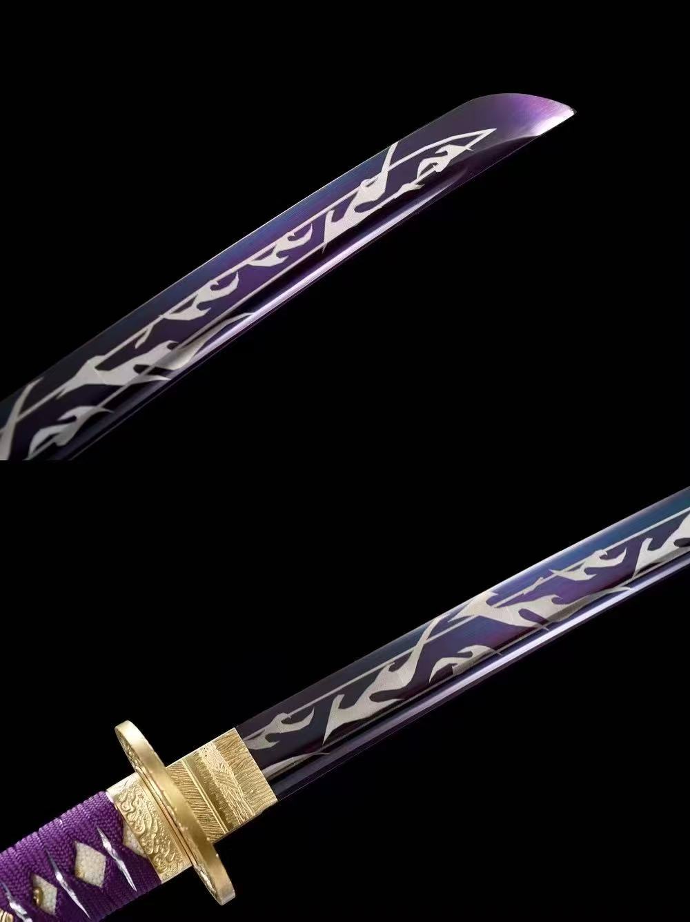 Authentic japanese samurai katana sword full tang T10 steel purple blade