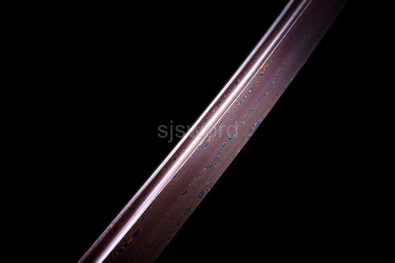 Aurora Bloom Katana – Minimalist Damascus Blade with Red-Blue Folded Pattern