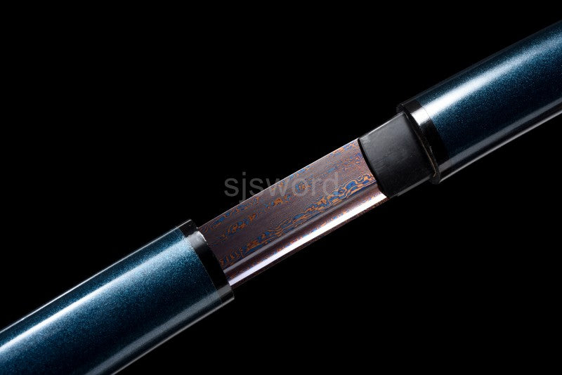 Aurora Bloom Katana – Minimalist Damascus Blade with Red-Blue Folded Pattern