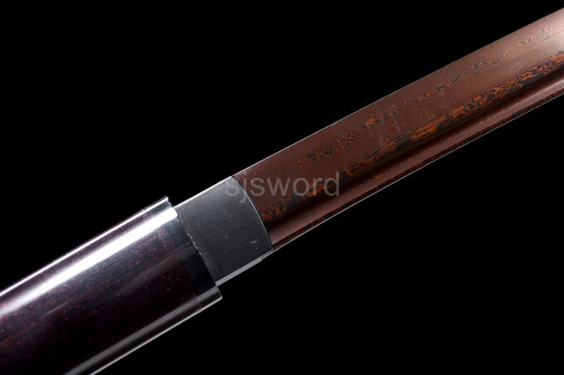 Aurora Fang Katana – Damascus Blade with Red-Blue Folded Pattern and Dual Bo-Hi