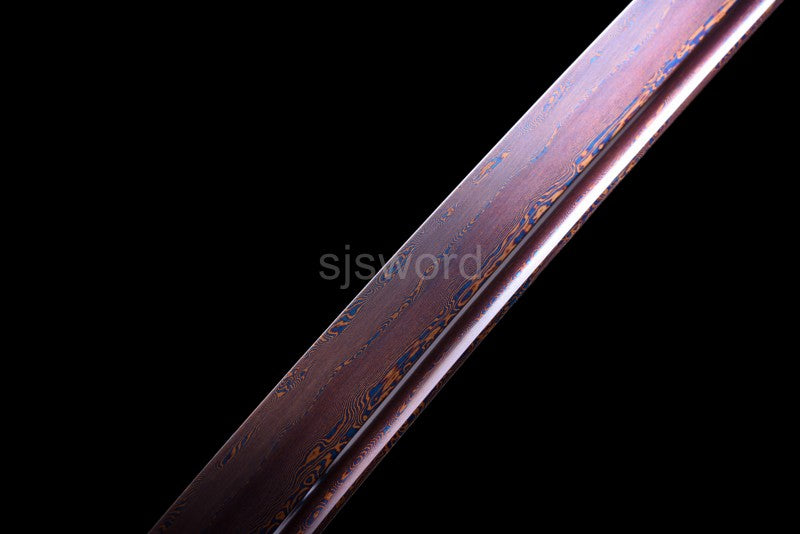 Aurora Bloom Katana – Minimalist Damascus Blade with Red-Blue Folded Pattern