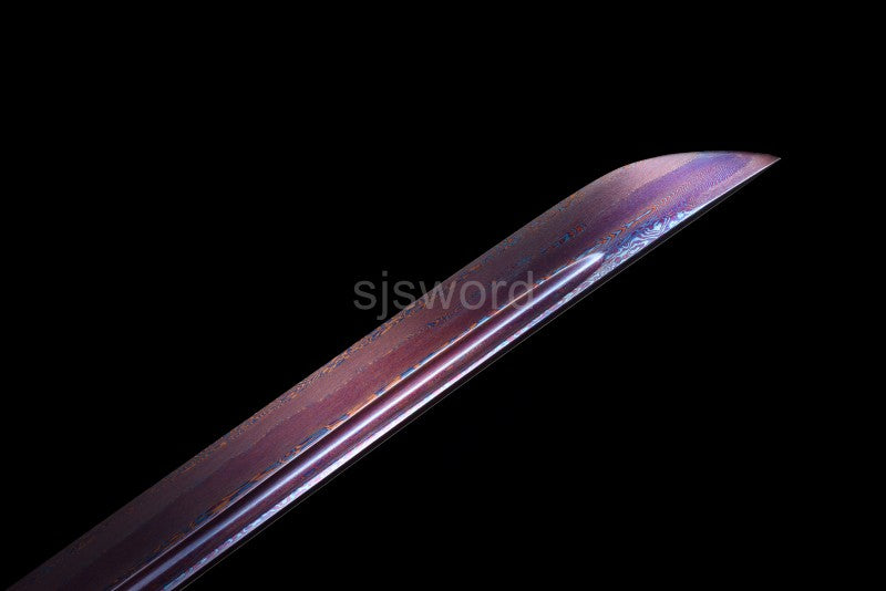 Aurora Bloom Katana – Minimalist Damascus Blade with Red-Blue Folded Pattern