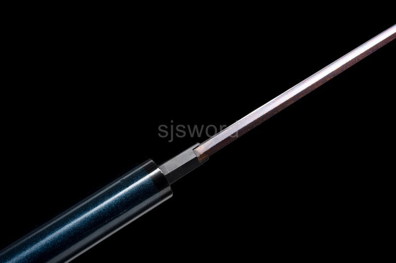 Aurora Bloom Katana – Minimalist Damascus Blade with Red-Blue Folded Pattern