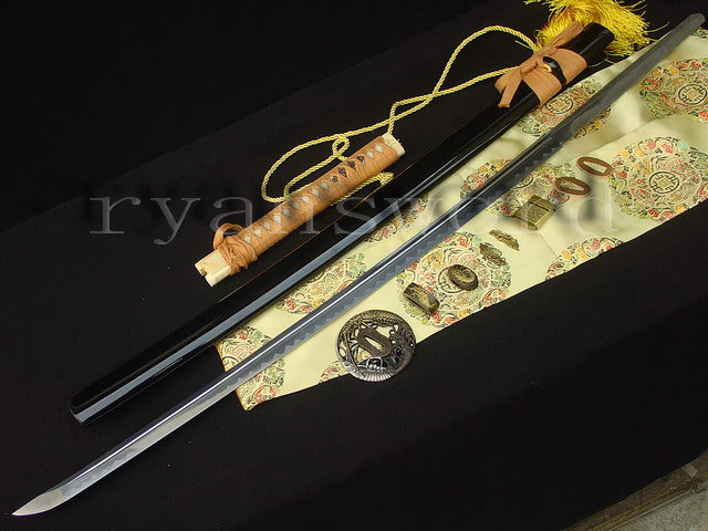 Katana 1095 High Carbon Steel silver plated tsuba full tang sharp shiny black saya