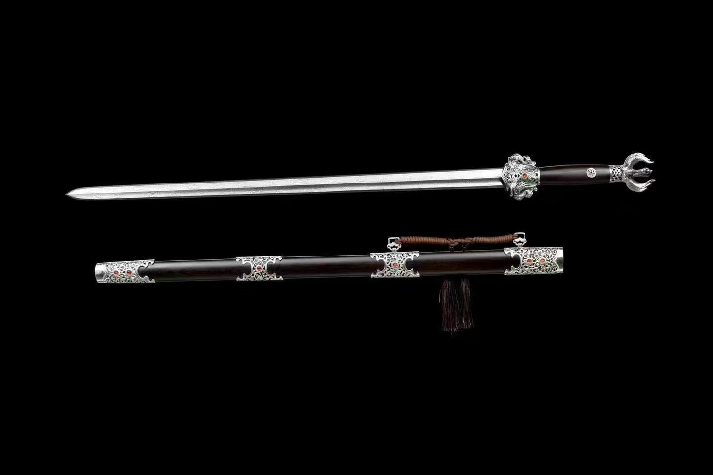 Chinese top quality silver plated fitting Sword folded pattern steel real hamon handcraft for collection