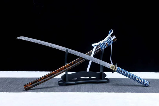 The Azure Dragon Katana, featuring a "Dragon Scale" tsuchime folded steel blade, displayed on a stand.