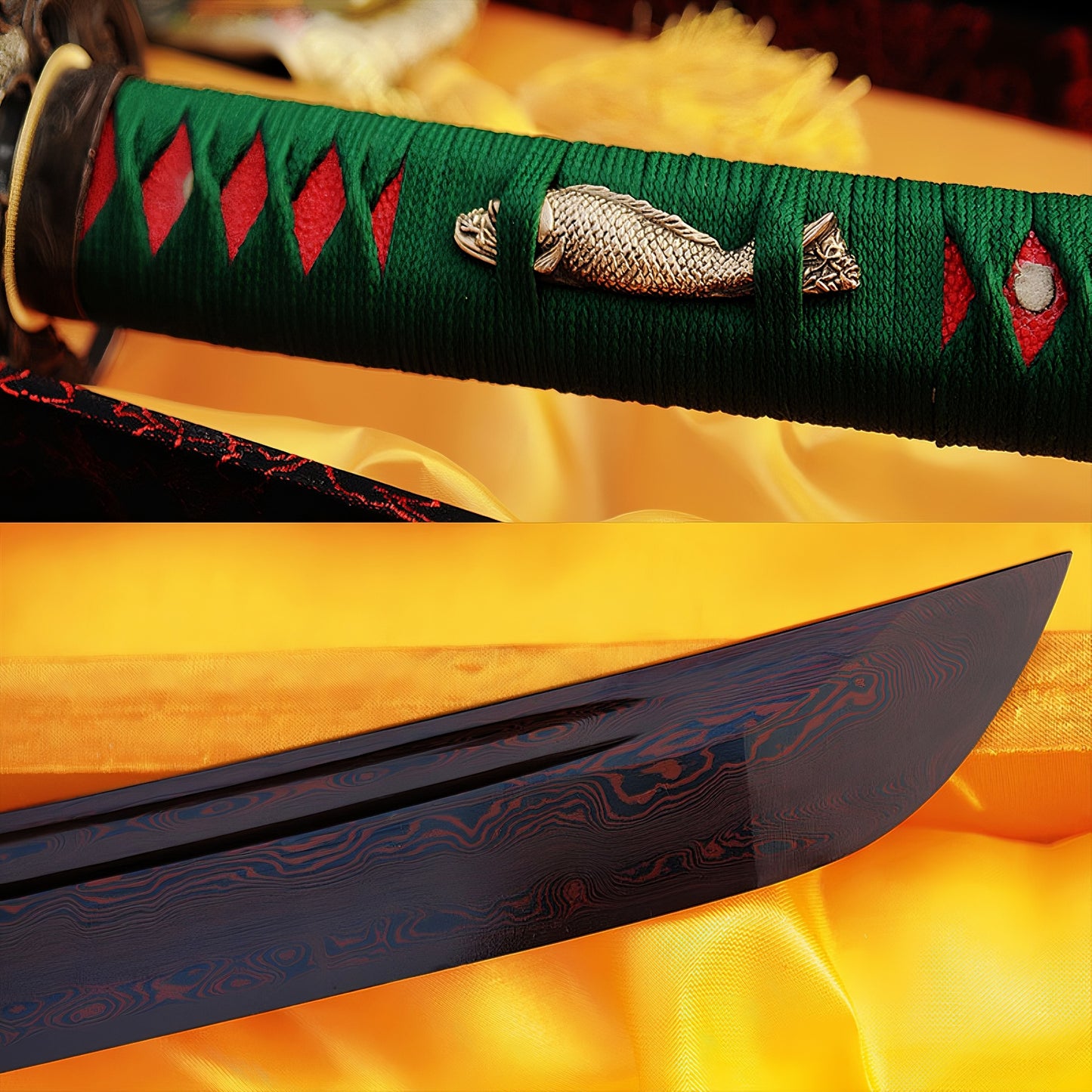 A composite image detailing the Nishikigoi Katana's handle (green silk ito, red rayskin, Koi menuki) and a close-up of the red & black folded steel blade.