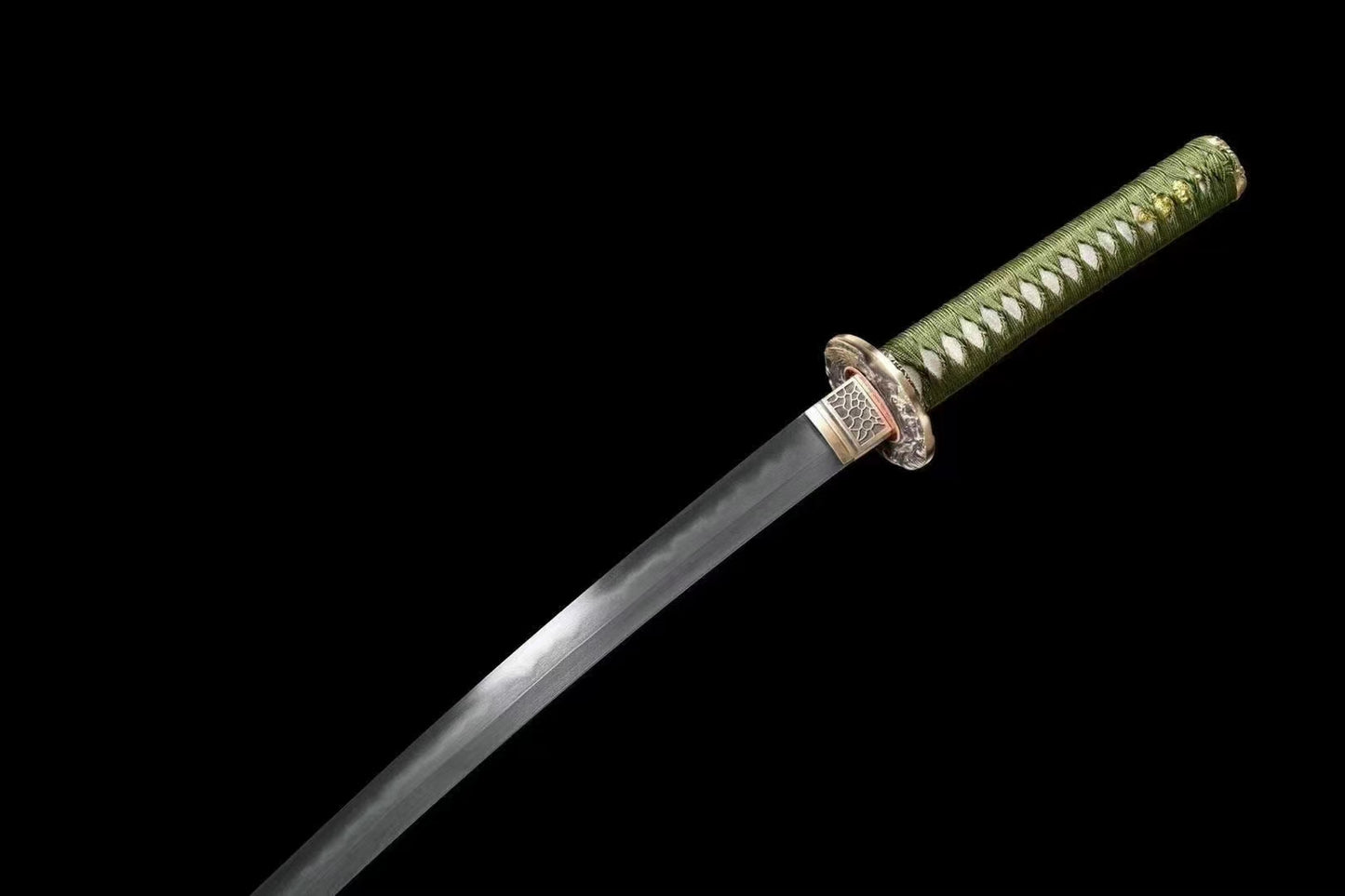 A full-length view of the hand-forged Honsanmai blade, showing the real clay-tempered hamon and folded steel pattern.