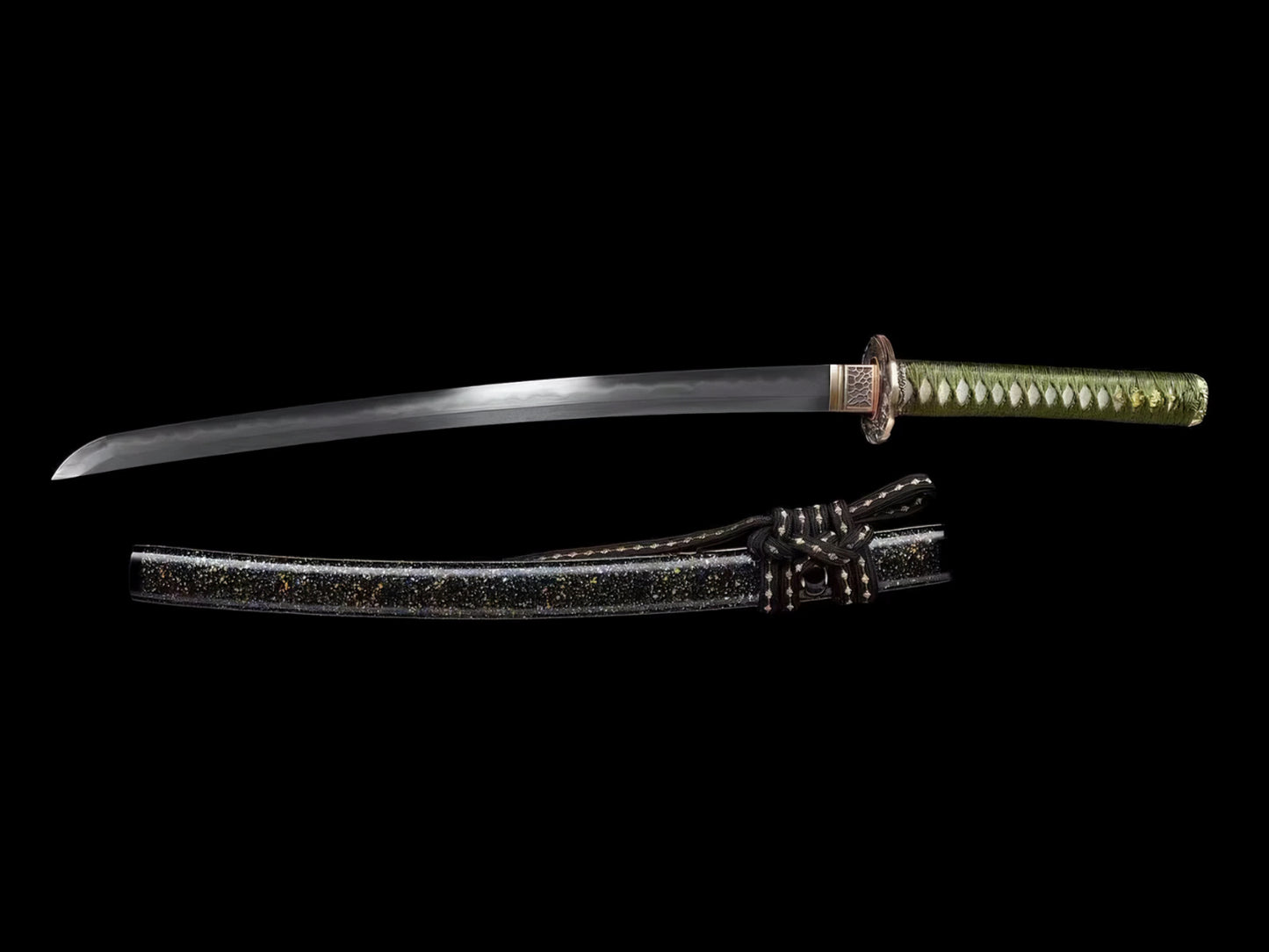 A composite view of the Celestial Eagle Katana, showing both the sheathed sword and the Honsanmai folded steel blade.