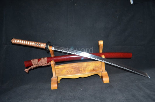The Sakabatō from "Rurouni Kenshin," displayed on a stand with its reverse-edged, manganese steel blade.