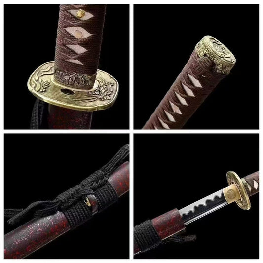 A composite image showing the detailed brass Phoenix (Hō-ō) theme fittings of the Phoenix Fire Katana.