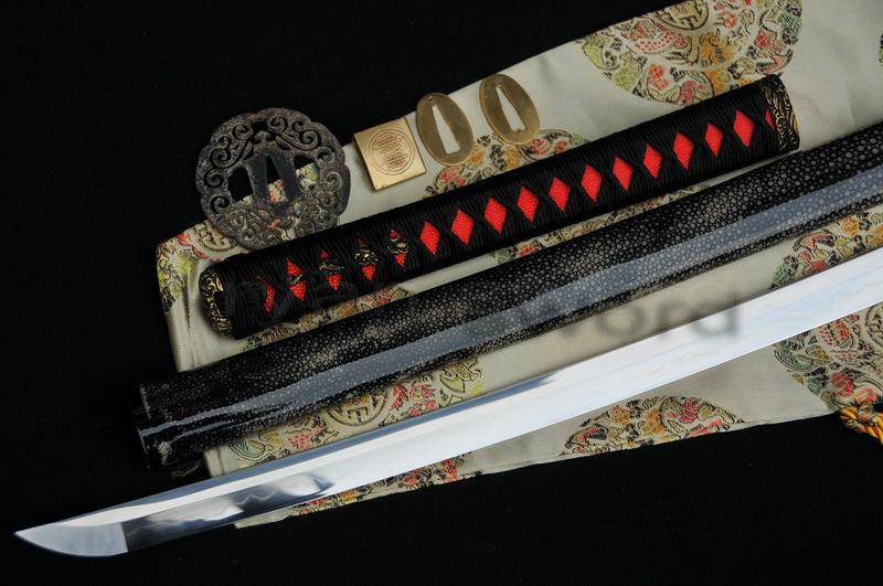 T10 Steel Clay Tempered Katana japanese sword for samurai full wrapped rayskin saya battle ready