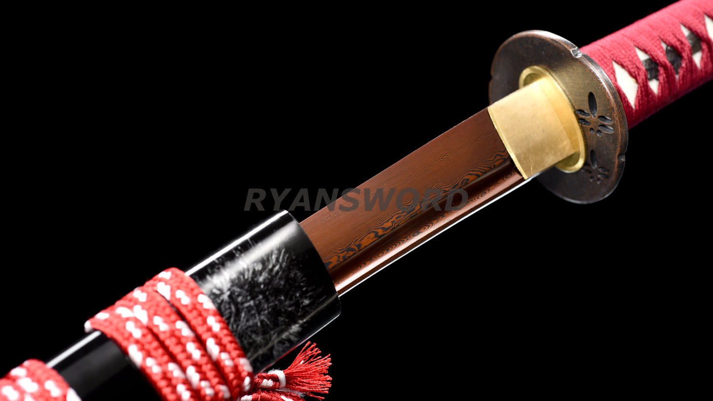 Handemade Wakizashi Japanese Sword Folded Steel Reddish Black Blade Full Tang