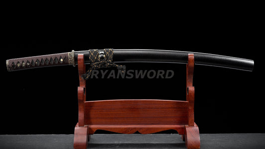 Folded Steel Wakizashi Japanese Sword Black Blade Brass Fittings full tang