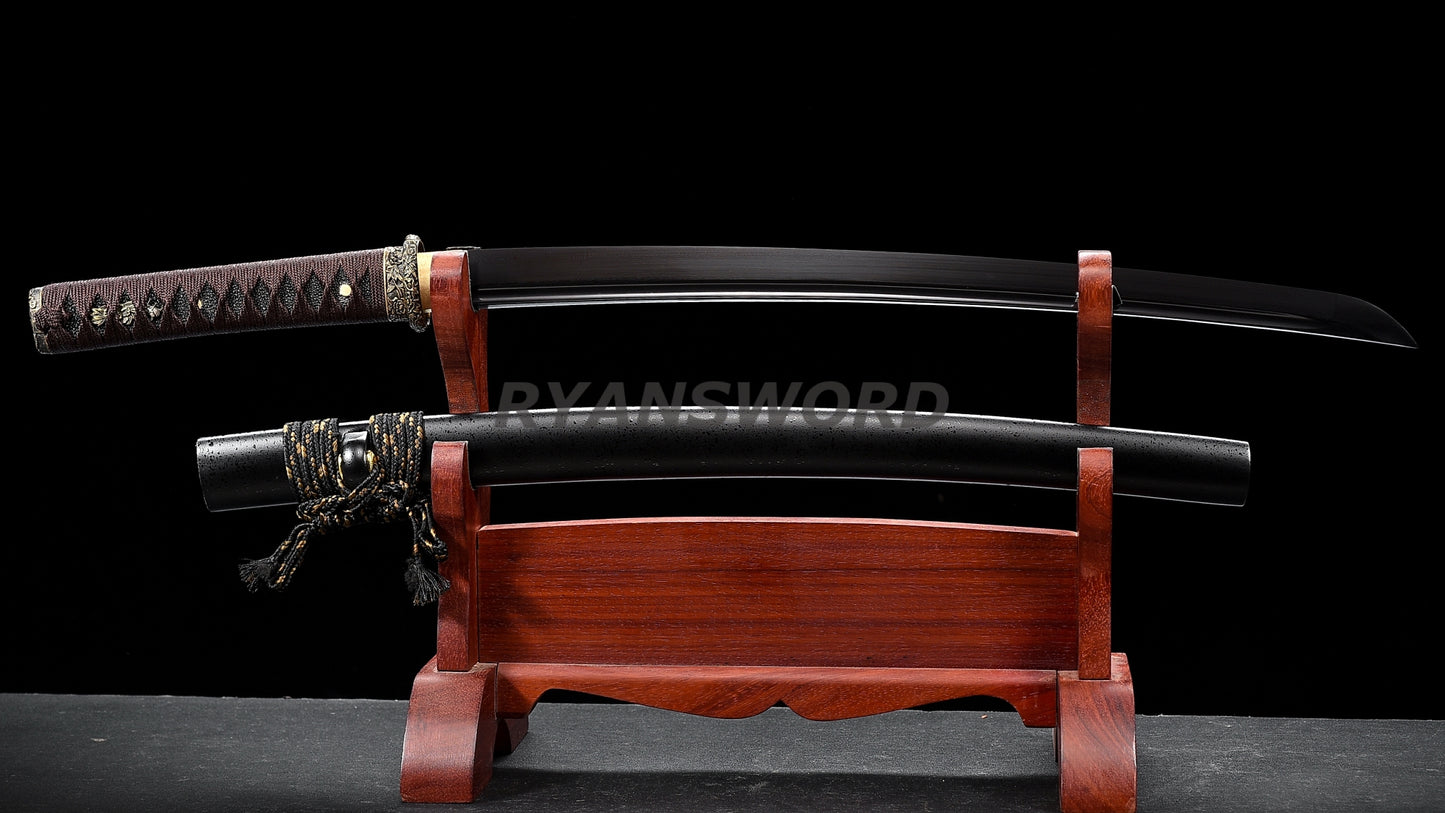 Folded Steel Wakizashi Japanese Sword Black Blade Brass Fittings full tang