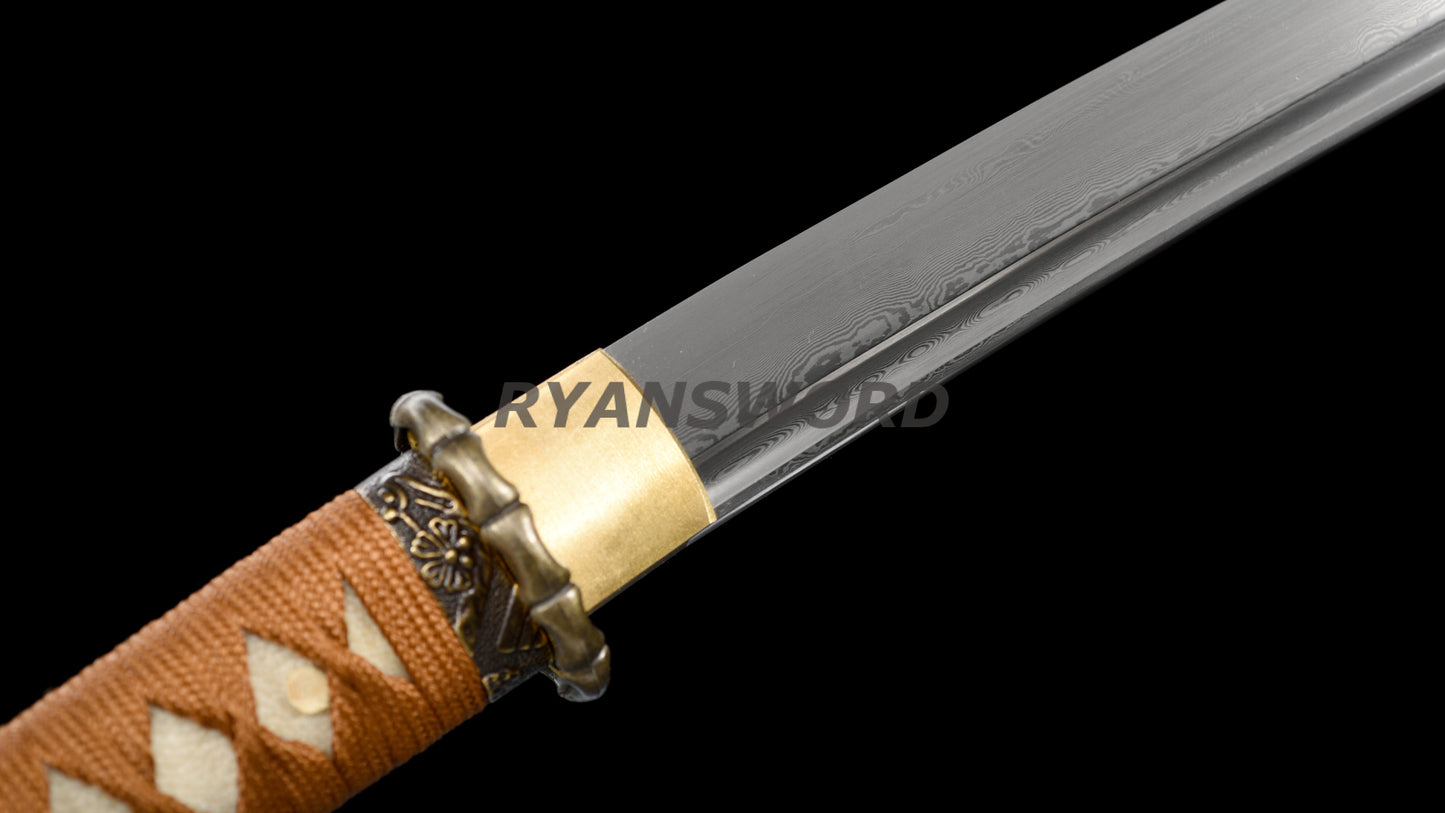 Damascus Folded Steel Wakizashi Japanese Sword full tang sharp
