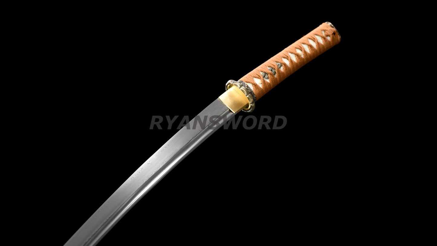 Damascus Folded Steel Wakizashi Japanese Sword full tang sharp