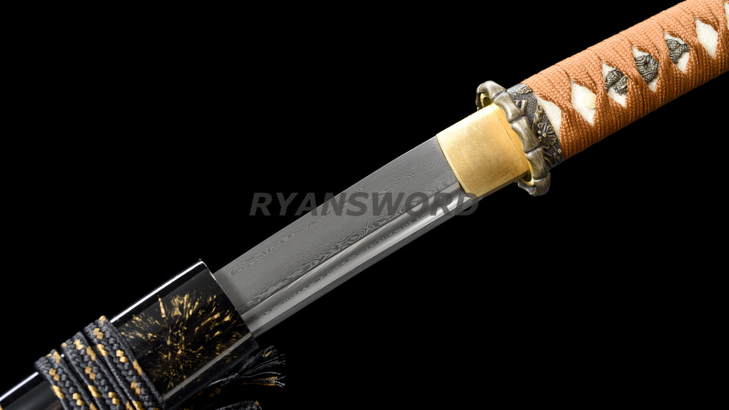Damascus Folded Steel Wakizashi Japanese Sword full tang sharp