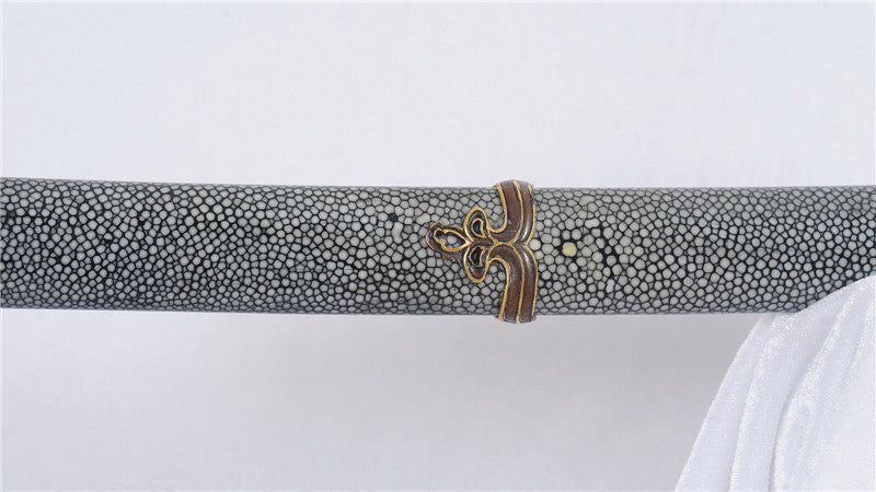 Tachi Folded 1095 Carbon Steel Clay Tempered Full-Rayskin Saya Copper Tsuba