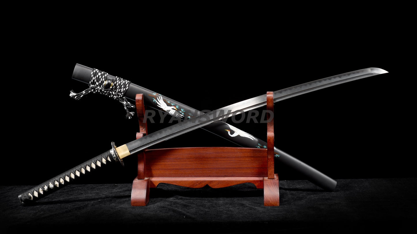 Katana Clay Tempered 1095 Folded Steel Hand-Drawn Crane Saya full tang sharp