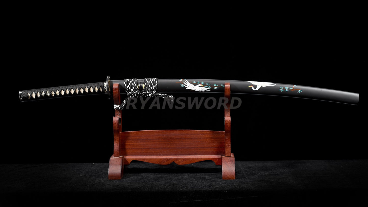 Katana Clay Tempered 1095 Folded Steel Hand-Drawn Crane Saya full tang sharp