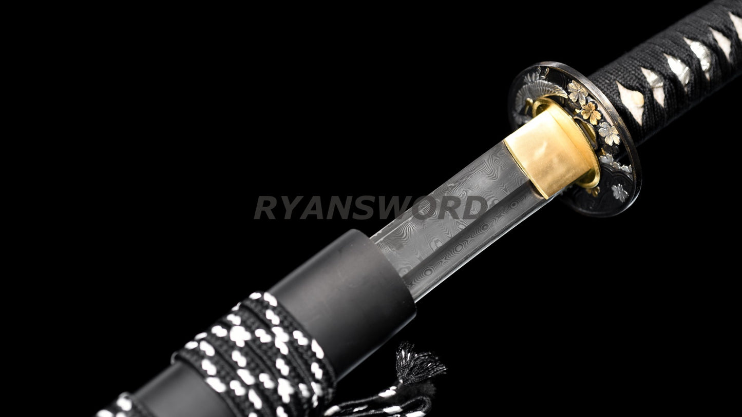 Katana Clay Tempered 1095 Folded Steel Hand-Drawn Crane Saya full tang sharp