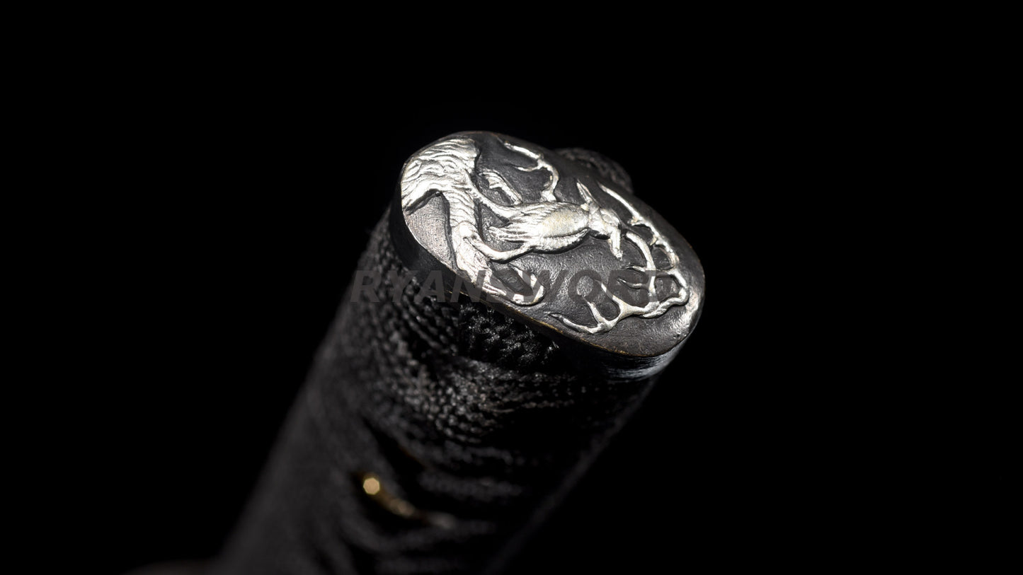 Katana Clay Tempered 1095 Folded Steel Hand-Drawn Crane Saya full tang sharp