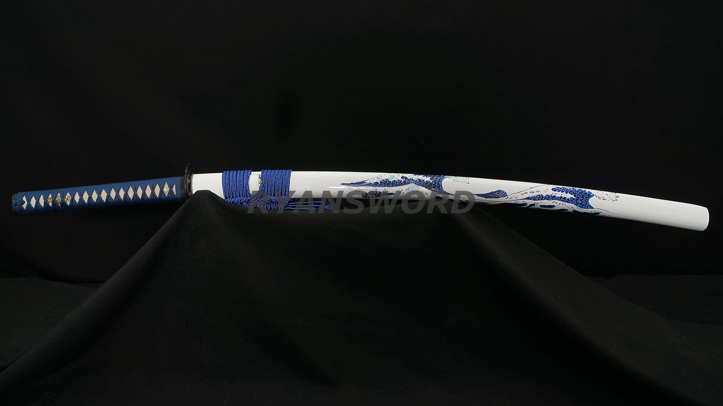 Katana 1095 High Carbon Steel Hand-Drawn Wave Saya Full tang sharp