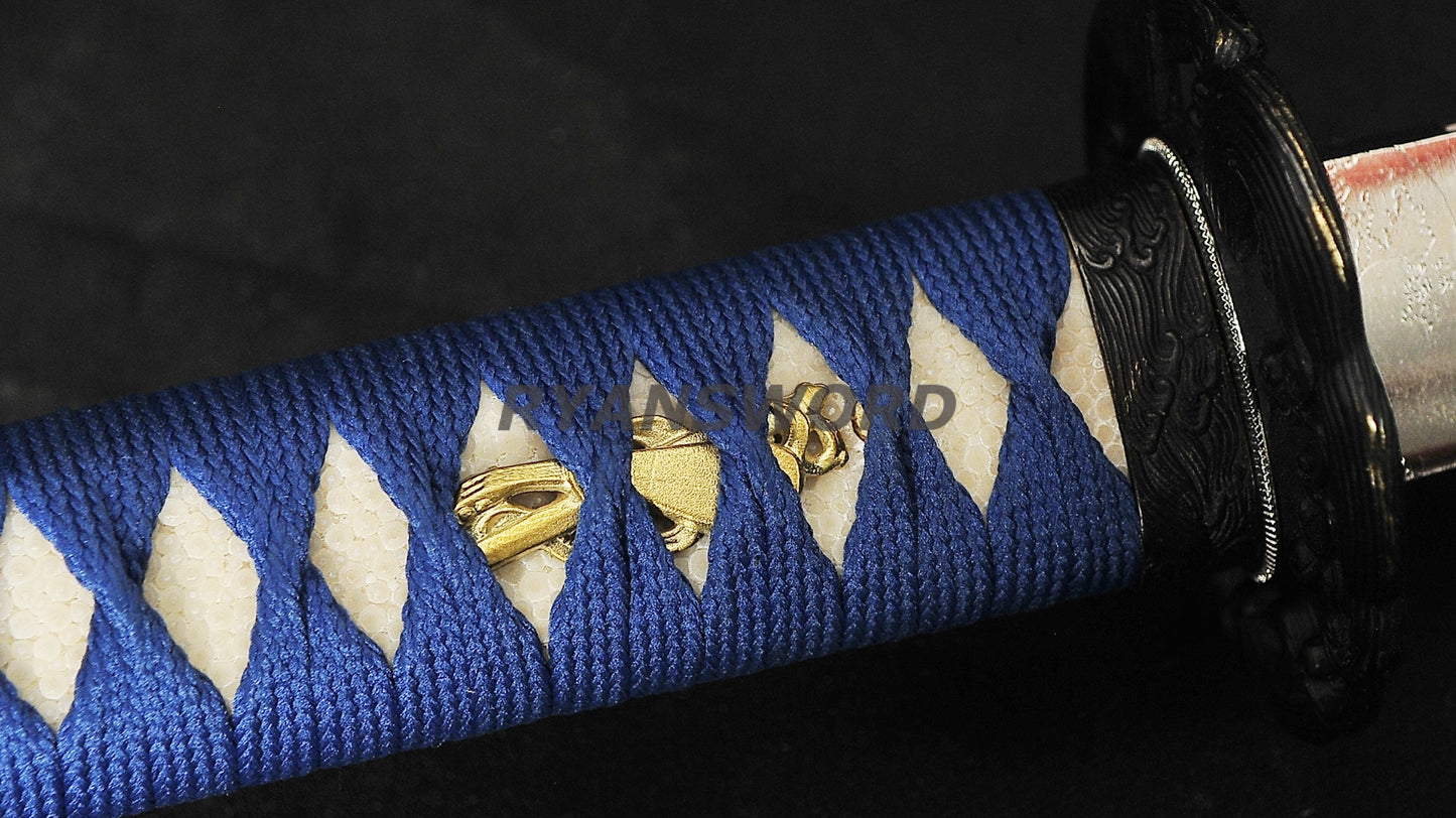 Katana 1095 High Carbon Steel Hand-Drawn Wave Saya Full tang sharp