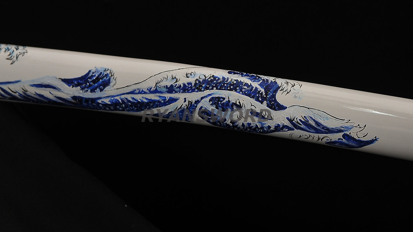 Katana 1095 High Carbon Steel Hand-Drawn Wave Saya Full tang sharp
