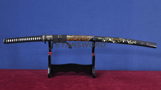 Katana 1095 Steel Choji Hamon Tiger Tsuba lacquer Painting Saya full tang japanese sword