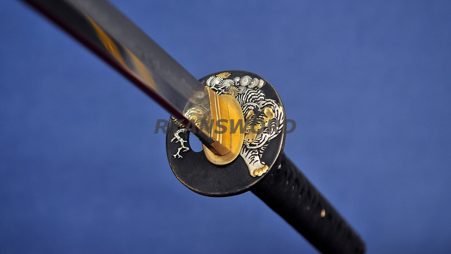 Katana 1095 Steel Choji Hamon Tiger Tsuba lacquer Painting Saya full tang japanese sword