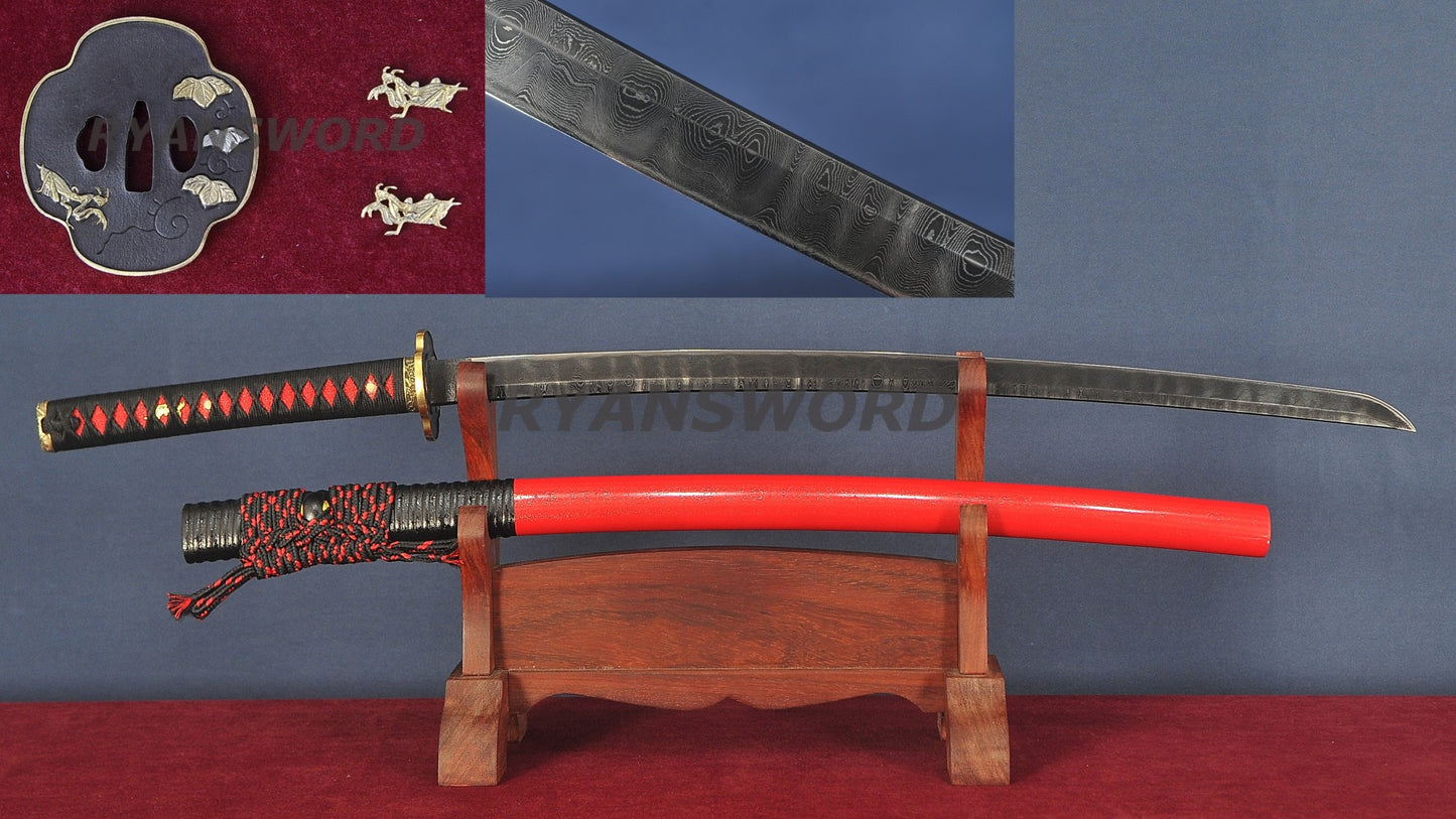 Katana Damascus Steel Mantis Theme Blade Tsuba full tang