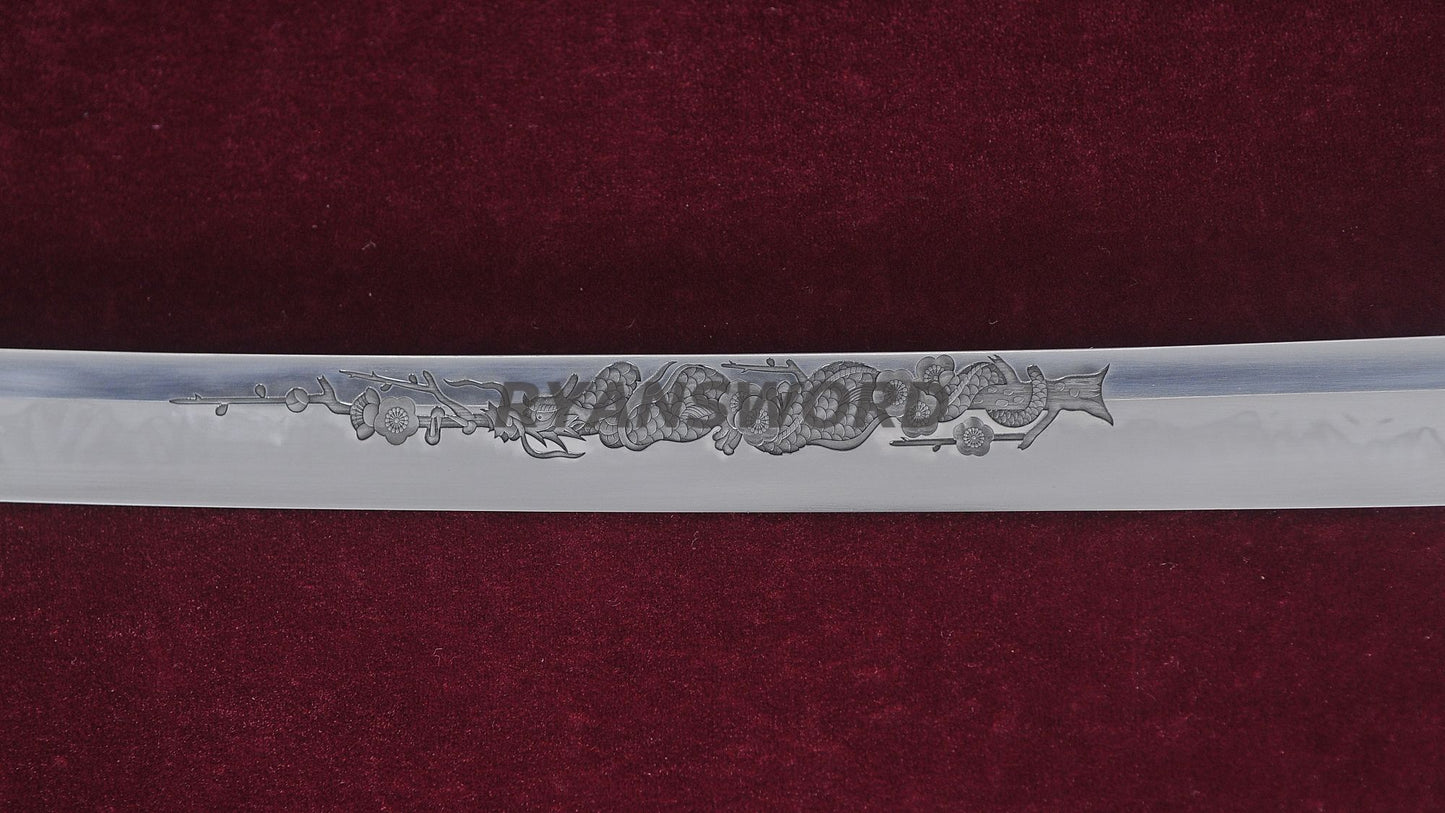 Katana 1095 High Carbon Steel Clay Tempered with Engraving sharp full tang