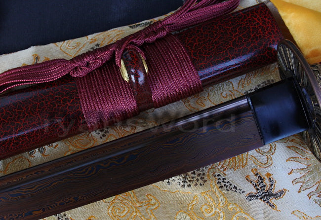 Damascus Blade with Red Folded Pattern Japanese samurai katana sword full tang