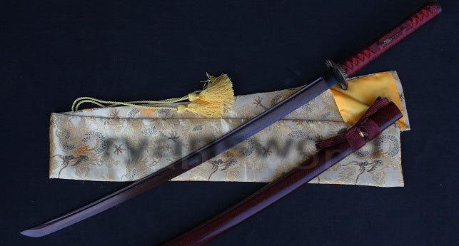 Damascus Blade with Red Folded Pattern Japanese samurai katana sword full tang