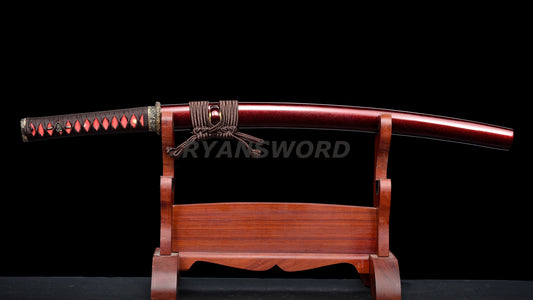 Wakizashi Folded Steel Japanese Sword Brass Tsuba Reddish Black Blade
