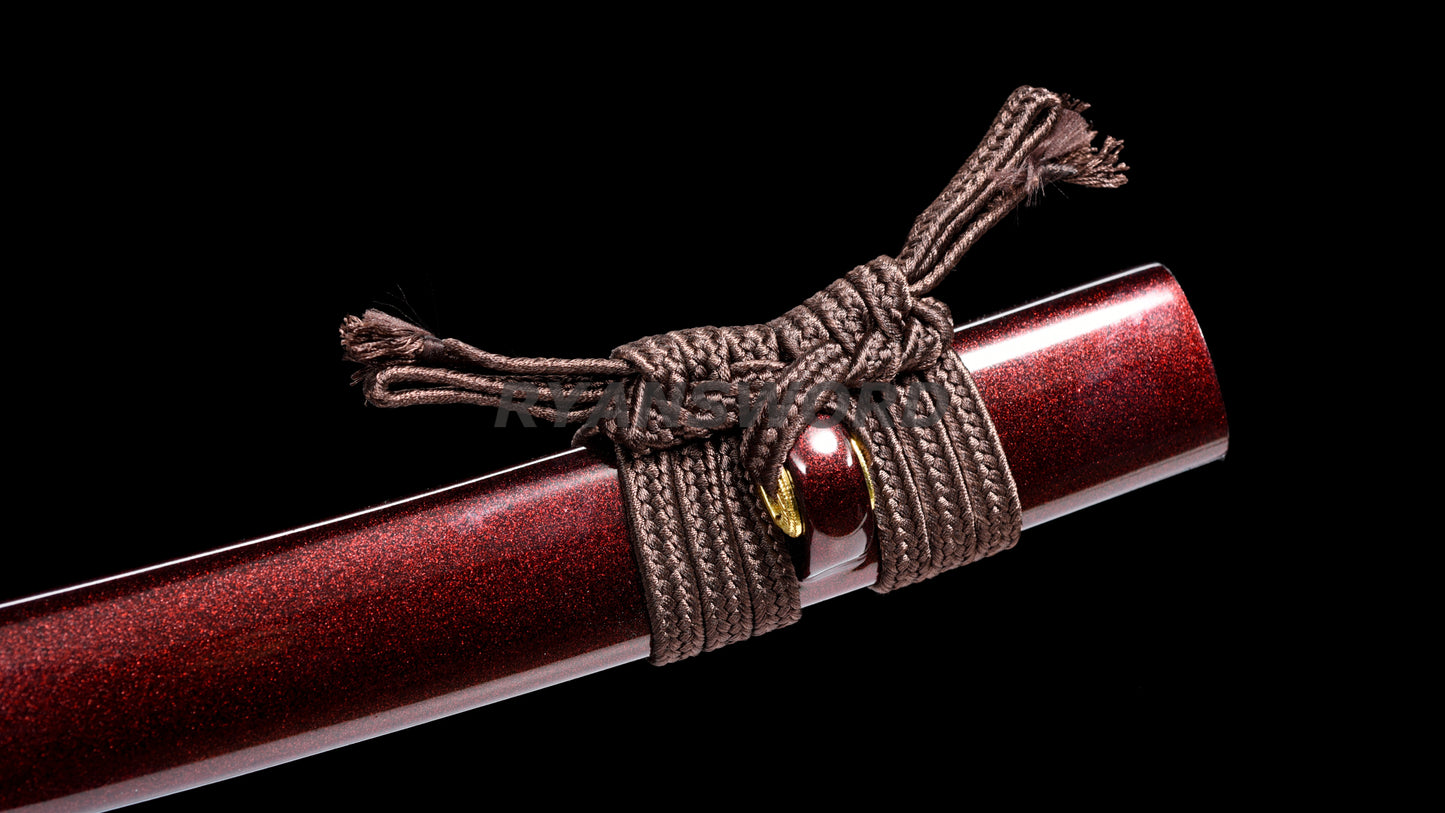 Wakizashi Folded Steel Japanese Sword Brass Tsuba Reddish Black Blade