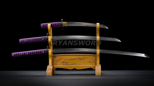Japanese Sword Set Katana+Wakizashi+Tanto Honsanmai Clay Tempered