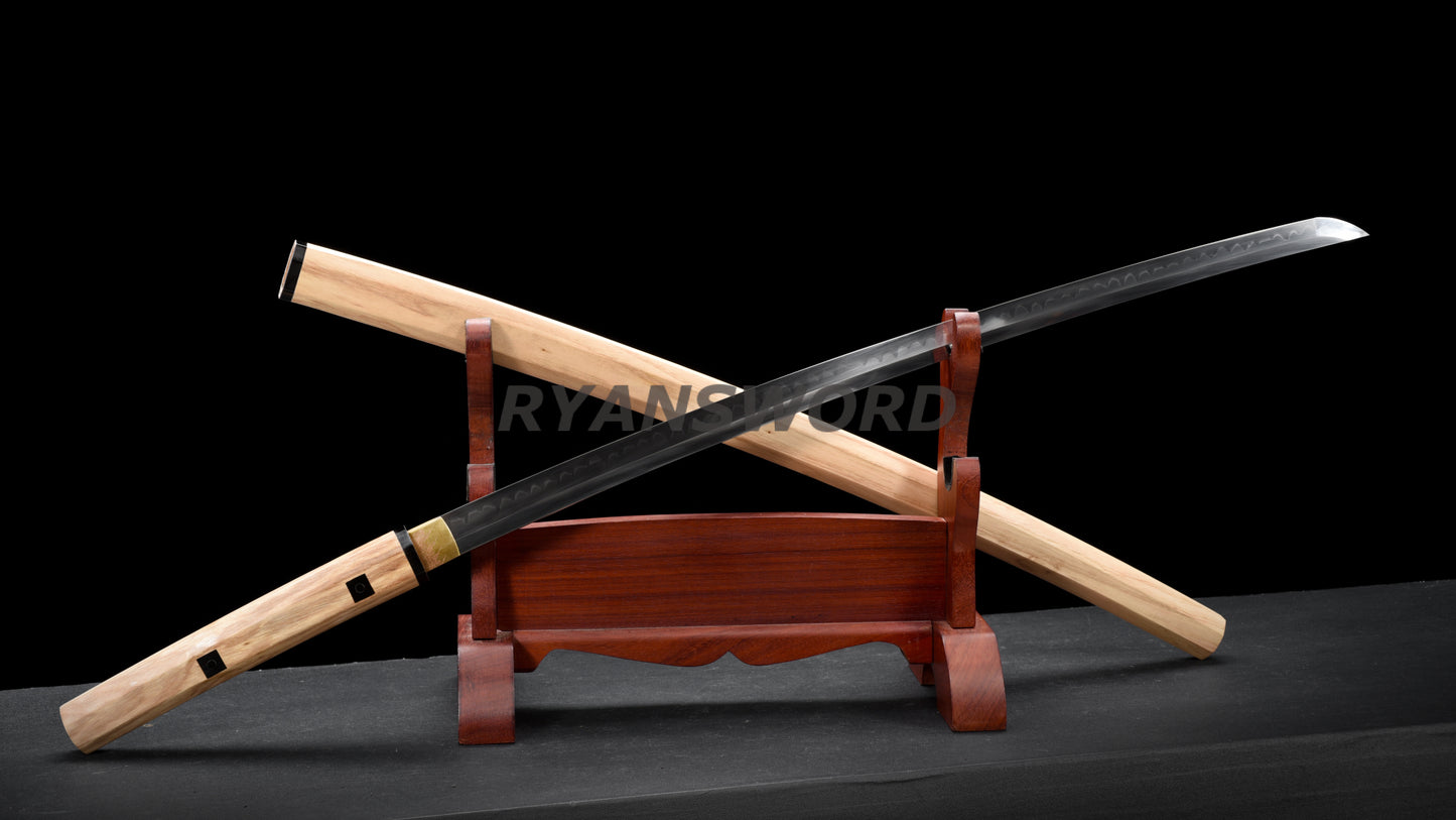 Katana Japanese Sword Shirasaya 1095 Steel Clay Tempered Mirrorlike Bright Blade