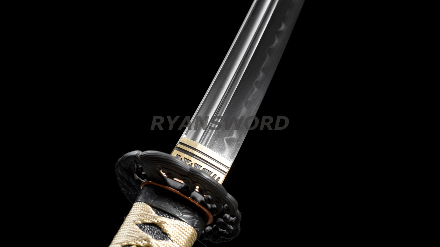 Wakizashi 1095 Carbon Steel Clay Tempered Iron Tsuba full tang sharp