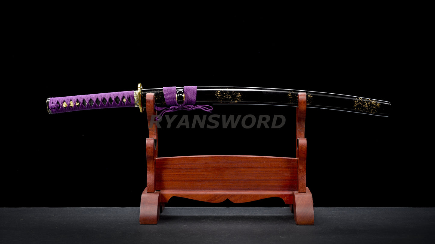 Wakizashi Damascus Steel Reddish Black blade purple ropes full tang