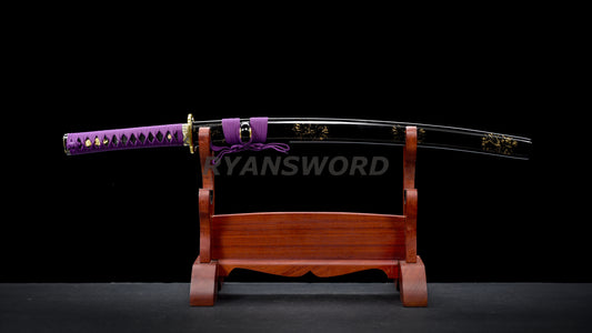 Wakizashi Damascus Steel Reddish Black blade purple ropes full tang