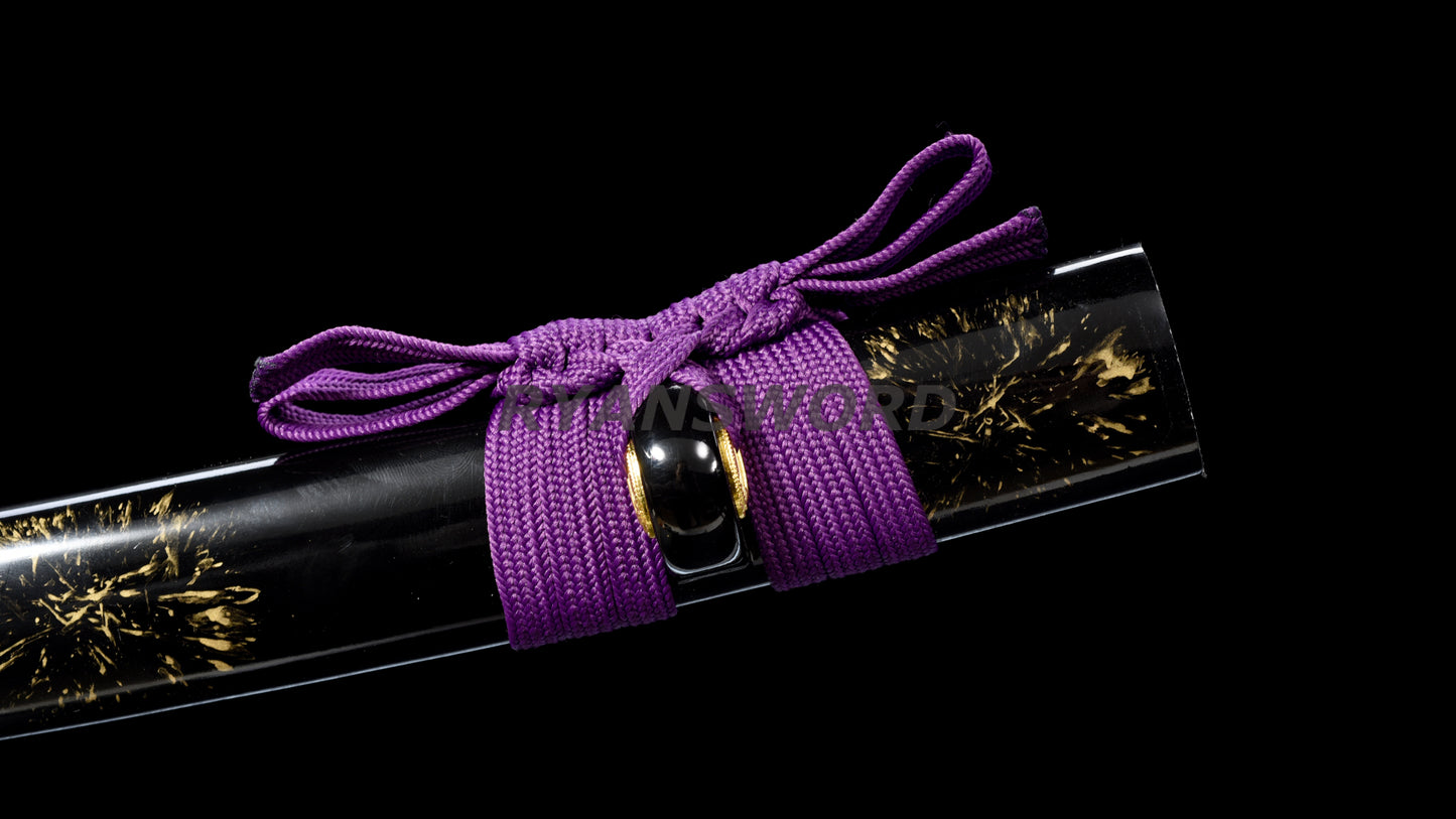 Wakizashi Damascus Steel Reddish Black blade purple ropes full tang