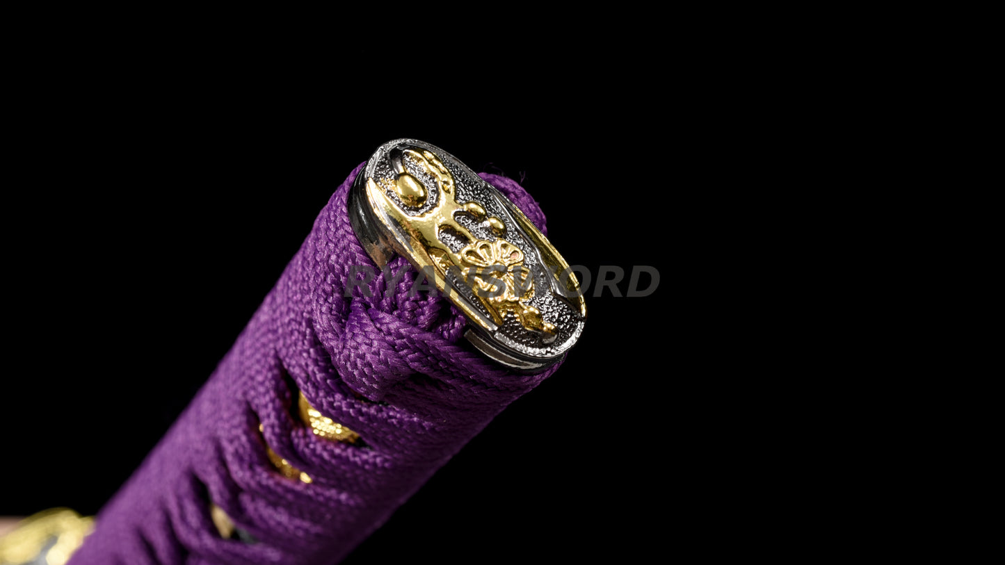 Wakizashi Damascus Steel Reddish Black blade purple ropes full tang