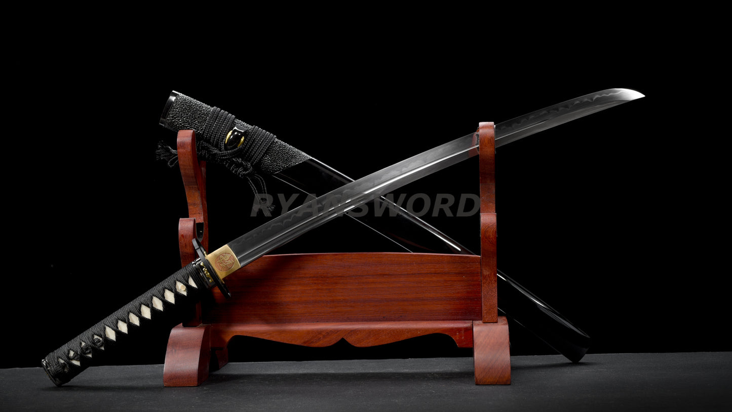 Clay Tempered Wakizashi 1095 Carbon Steel Blade Rayskin Saya full tang sharp